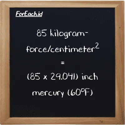How to convert kilogram-force/centimeter<sup>2</sup> to inch mercury (60<sup>o</sup>F): 85 kilogram-force/centimeter<sup>2</sup> (kgf/cm<sup>2</sup>) is equivalent to 85 times 29.041 inch mercury (60<sup>o</sup>F) (inHg)